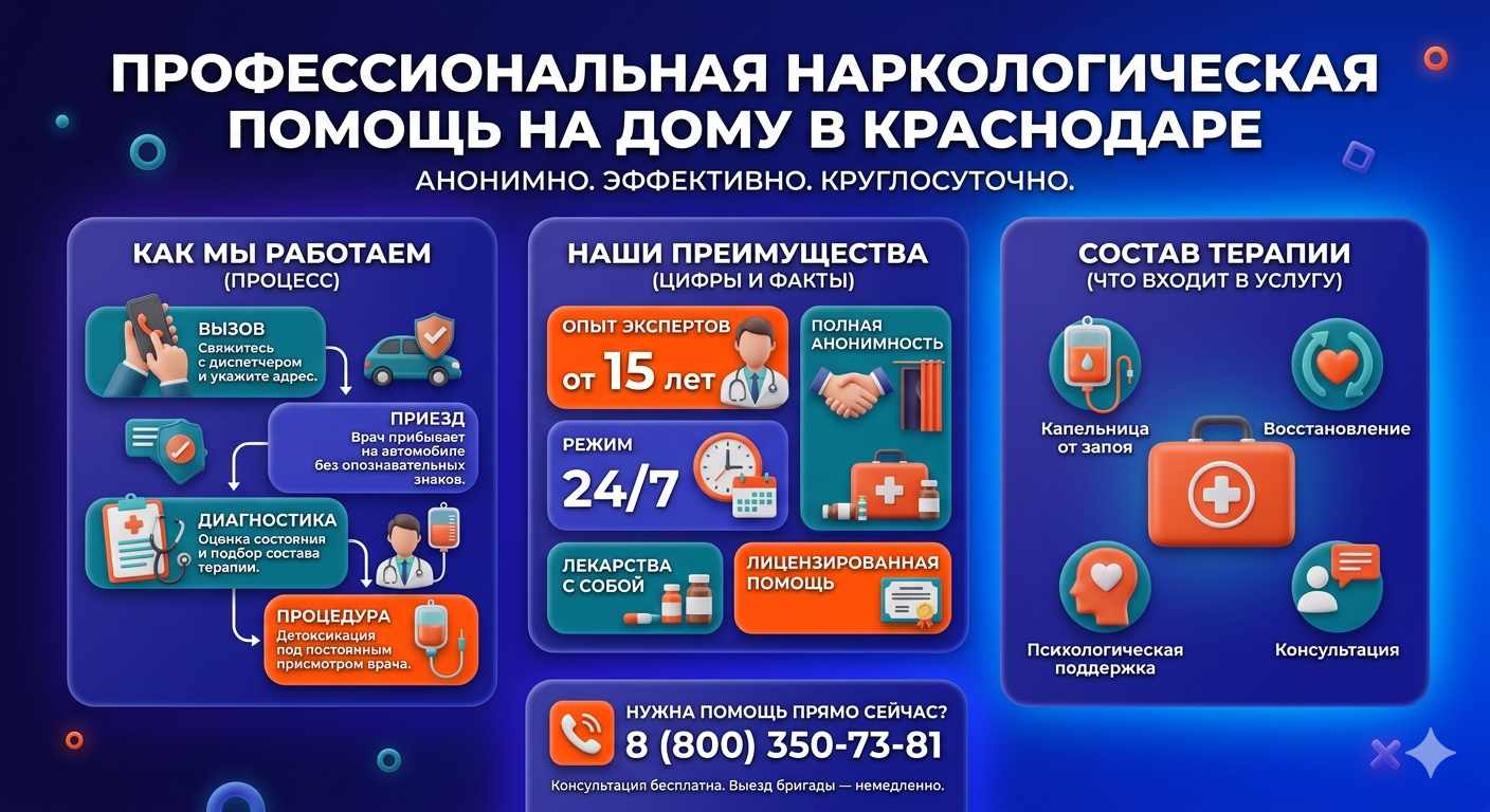 Инфографика о принципах лечения алкоголизма на дому в Заводском: этапы вызова нарколога, преимущества анонимной детоксикации и состав медицинской помощи.